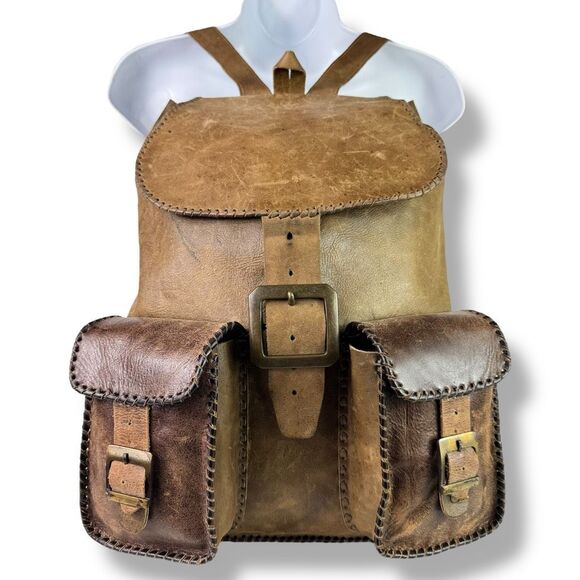 Vintage Handbags - Vintage Distressed Handmade Rugged Rustic Soft Brown Tan Leather Backpack Bag